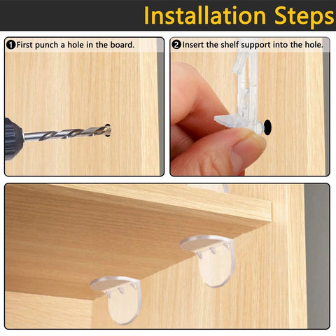 Installation steps for Clear Plastic Locking Shelf Pegs 5mm Diameter Self Locking Shelf Pins for 3/4 Inch Thick Shelves 20 Pieces
