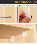 Installation steps for 20 Pack Of Clear Plastic Locking Shelf Pegs Quick Snap Mount Shelf Pins for Kitchen Cabinets and Bookshelves.