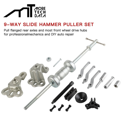 Nine Way Slide Hammer Puller Set 5 Pound Heavy Duty Tool Kit with attachments for hub, bearing, gear, and seal removal.