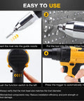 Top Tier Cordless Rivet Gun With Brushless Motor Kit For 1/8 5/32 And 3/16 Inch Rivets, Auto Reverse Function Plus LED Light For Heavy Duty Metal Fabrication And Auto Repair Projects. Yellow cordless rivet gun in four-step use guide