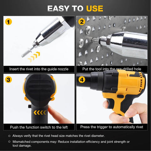 Top Tier Cordless Rivet Gun With Brushless Motor Kit For 1/8 5/32 And 3/16 Inch Rivets, Auto Reverse Function Plus LED Light For Heavy Duty Metal Fabrication And Auto Repair Projects. Yellow cordless rivet gun in four-step use guide