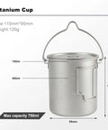 Pure Titanium 750ml Camping Pot With Spork Kit For Solo Backpacking, shown with measurements and hangable handle