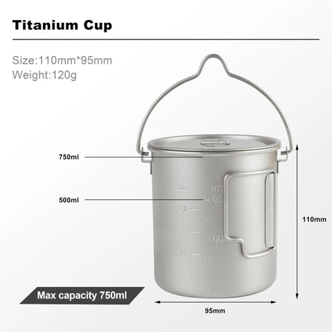 Pure Titanium 750ml Camping Pot With Spork Kit For Solo Backpacking, shown with measurements and hangable handle