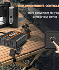 Badass 3000 Watt Power Inverter Dc 12V To 110V Ac For Rvs Semis And Trucks With Dual USB Ports And Dual Ac Outlets on a table with a wired remote control.
