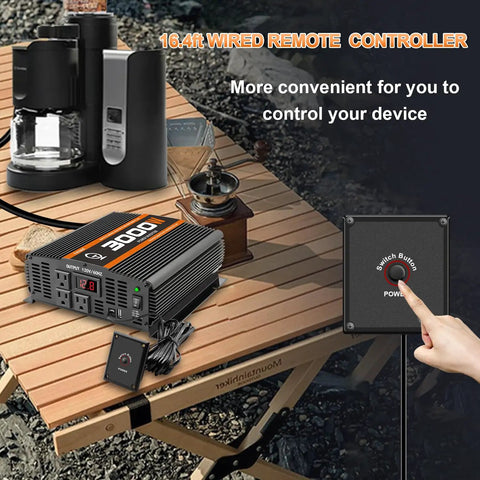 Badass 3000 Watt Power Inverter Dc 12V To 110V Ac For Rvs Semis And Trucks With Dual USB Ports And Dual Ac Outlets on a table with a wired remote control.