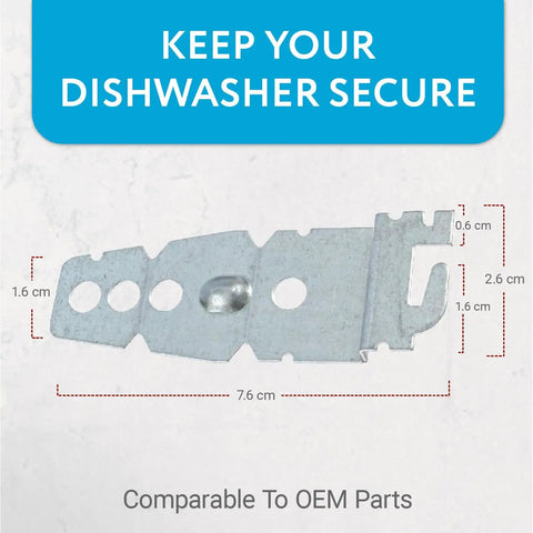 Undercounter Dishwasher Bracket Replacement Kit, Easy Install Mounting Brackets, Heavy Duty Galvanized Steel Anchor Clips shown with measurements