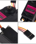 Close-up of 2 Pack MG996R Metal Gear Servo Motors, showing connectors and labels for digital high speed torque, 300mm lead wire.