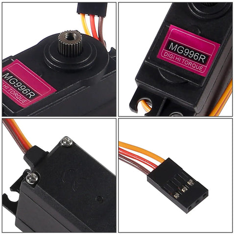Close-up of 2 Pack MG996R Metal Gear Servo Motors, showing connectors and labels for digital high speed torque, 300mm lead wire.