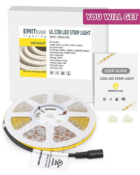 COB LED Strip Lights Neutral White 16.4 Ft 4000K High Density Tape Light 24V with user guide and connectors visible