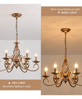 Rustic 6 Light Chandelier With Antique Bronze Finish That Rocks French Country Vintage Pendant Light Fixture For Island Kitchen Farmhouse Dining Room And Living Room displayed in daylight and night light settings