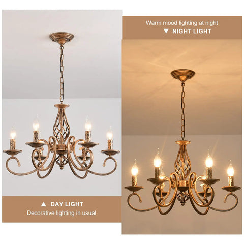 Rustic 6 Light Chandelier With Antique Bronze Finish That Rocks French Country Vintage Pendant Light Fixture For Island Kitchen Farmhouse Dining Room And Living Room displayed in daylight and night light settings