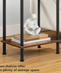 Super Handy End Table With Built In Charging Station And USB Port Type C Outlet For Nightstand Use In Small Spaces Rustic Brown Two Shelf Side Table with open lower shelf and decorative figure in room.