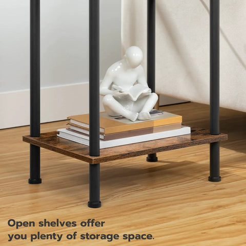 Super Handy End Table With Built In Charging Station And USB Port Type C Outlet For Nightstand Use In Small Spaces Rustic Brown Two Shelf Side Table with open lower shelf and decorative figure in room.
