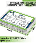 External Tooth Lock Washer Assortment Kit in plastic box with sizes M2.5 to M12, 500 Pc, 304 Stainless Steel, for furniture DIY fastening.