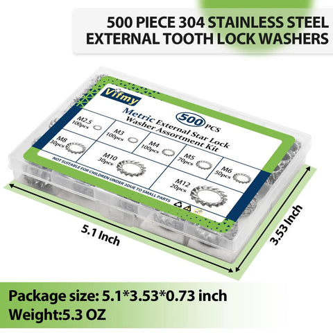 External Tooth Lock Washer Assortment Kit in plastic box with sizes M2.5 to M12, 500 Pc, 304 Stainless Steel, for furniture DIY fastening.