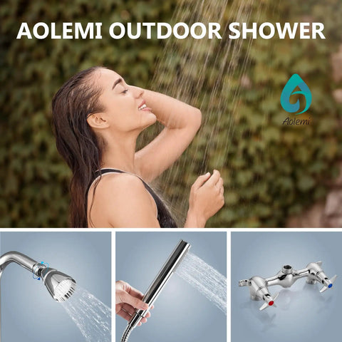 Wall Mount Outdoor Shower Kit With Handheld Spray, Double-Handle Exposed Shower, Chrome Finish, Solid Brass And SUS304 Stainless