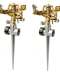 Two Pack Impact Lawn Sprinklers With Heavy Duty Aluminum Spike Base Pulsating Adjustable Heads For Big Lawns And Patios