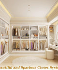 Heavy Duty 100 Inch Wood Closet System With 8 Hanging Rods, Adjustable Walk In Wardrobe Organizer, Space Saving Modular Closet Tower Set Of 4 White, Easy Peasy Assembly No Sweat Setup in a beautiful closet.