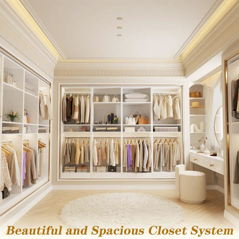 Heavy Duty 100 Inch Wood Closet System With 8 Hanging Rods, Adjustable Walk In Wardrobe Organizer, Space Saving Modular Closet Tower Set Of 4 White, Easy Peasy Assembly No Sweat Setup in a beautiful closet.