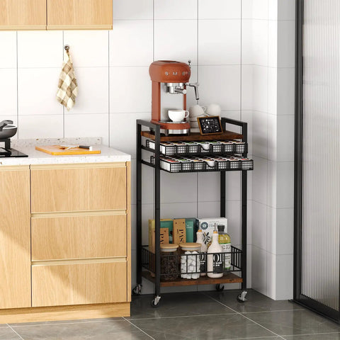 Rustic Brown Four Tier Coffee Cart With Smooth Locking Casters And Deep Pod Tray, 12.5x17x33.7 inches in kitchen corner.