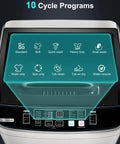 Lowkey Quiet Portable Washing Machine Full Automatic 2.0 Cubic Foot Compact Washer Grey control panel showing 10 cycle programs.