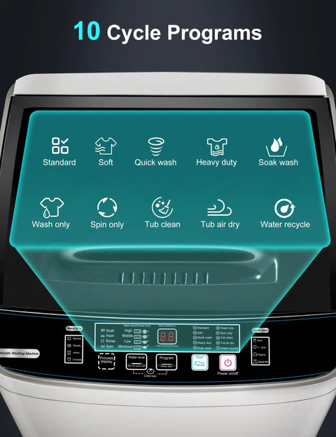 Lowkey Quiet Portable Washing Machine Full Automatic 2.0 Cubic Foot Compact Washer Grey control panel showing 10 cycle programs.