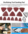 Heavy Duty Oscillating Tool Sanding Kit With Triangular Finger Pads And 100 Sandpaper Sheets, 60 Through 240 Grit Pack showing various triangular pads.