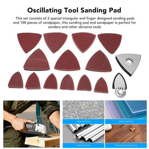 Heavy Duty Oscillating Tool Sanding Kit With Triangular Finger Pads And 100 Sandpaper Sheets, 60 Through 240 Grit Pack showing various triangular pads.