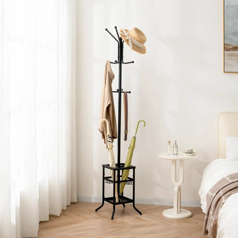 Freestanding Coat Rack With Umbrella Holder Twelve Hooks Three Tier Metal Coat Tree For Entryway in living room corner