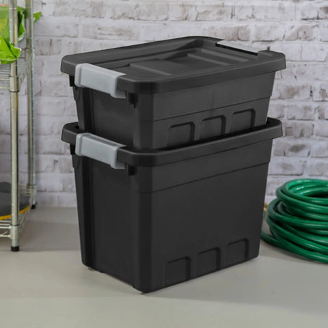 Stacked view of Six Pack Seven Point Five Gallon Stackable Tote For Home Organization Tough Plastic Storage Bins with Recessed Lid