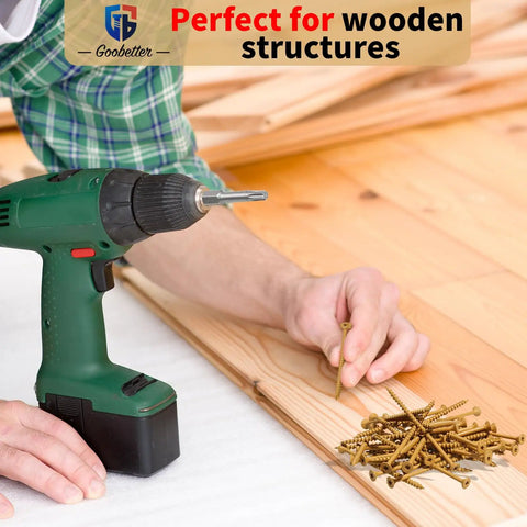 Person using drill with 4 Inch Wood Screws 200 Piece Set For Deck And Fence Projects Exterior Construction Screws