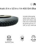 Works Like A Dream Heavy Duty 6 Inch Radial Bristle Brush 400 Grit Blue Type C with telescoping arbor reducer for grinders.