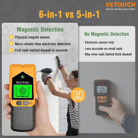 Zero Guesswork Required On This Built Tough 6 In 1 Wall Scanner Plus Stud Detector Featuring Easy LCD Screens And Audible Alerts For Finding Wood Metal Ac Wires And Pipes Inside Ceilings Or Walls Orange