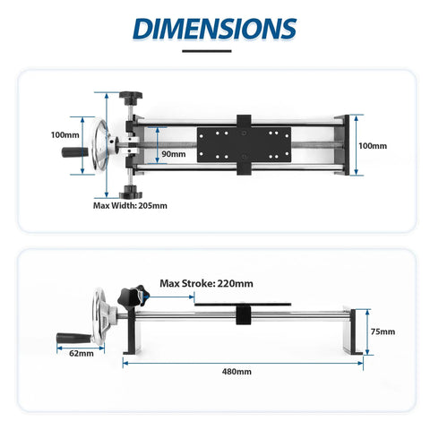 Manual Force Test Stand With Horizontal Spiral Stroke 220mm And 500N Capacity Handwheel Controlled Dialed In Spiral Mechanism For Precise Tension And Pull Testing Compact 9Lb Steel Frame With Preinstalled Fixed Clamp Includes HJJ001 APW Clamp showing dimensions