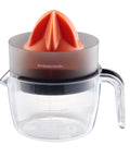 Primtronic Electric Citrus Juicer With Large 24 Oz Capacity And Seed Filter Auto Reverse Function Compact Design For Oranges Lemons Limes BPA Free Black Orange with transparent pitcher.