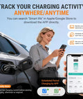 Woman using phone app next to electric car with hardwired Level 2 EV Charger 48A 240V. Focus on charging monitor app.