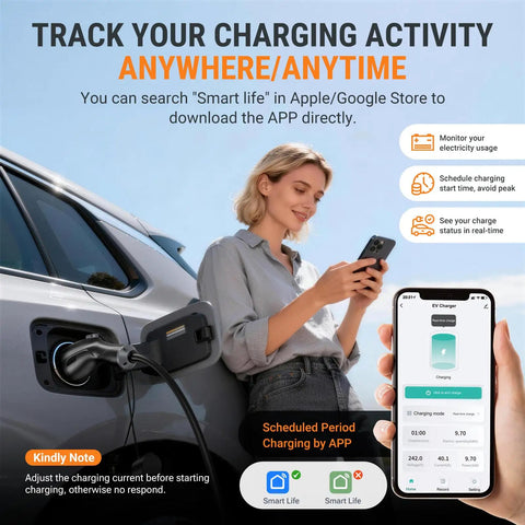Woman using phone to monitor No Sweat Level 2 EV Charger With Wi-Fi App Control and Plug And Play Setup next to car.
