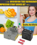 Refrigerator Start Relay and Run Capacitor Kit TSD2 W10662129 next to open fridge with food, woman in background