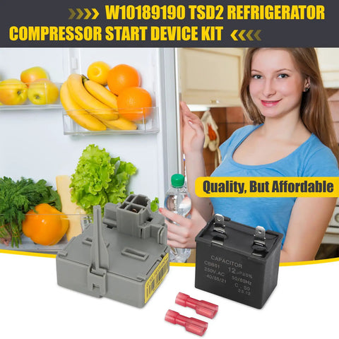 Refrigerator Start Relay and Run Capacitor Kit TSD2 W10662129 next to open fridge with food, woman in background