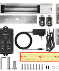 Built Tough 600 Pound Electromagnetic Door Lock With Integrated Power Box And Two Wireless Remotes For Outswinging Doors components set with remotes, control panel, and installation parts