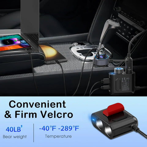 Badass 6In1 Cigarette Lighter Splitter With Pd 65W Usb Port And Live Voltage Display Straight Fire 300W Car Charger Adapter For Any Ride Plug And Chill Dual Socket Rig Accessory mounted on car console.