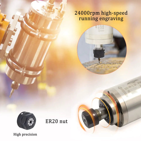Beefy 2.2KW 110V Water Cooled Spindle Motor 80mm Body High Speed 24000RPM With ER20 Collet 15A 400Hz For CNC Router Engraver