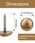Close-up of Knockout Vintage Brass Cap Tacks showing dimensions 1" tall, 7/10" wide for upholstery and wood furniture.