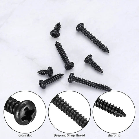 M3 Self Tapping Wood Screws Set, Zinc Plated Carbon Steel Pan Head Phillips Screws, showing various sizes with cross slot and sharp tips.