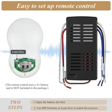 Ceiling Fan Remote Control Kit With 3 Speed Settings And Dimmer, Universal Receiver Compatible With Most Ceiling Fans, Works With Hunter 99122 99123 99600 And Other Brands, Quick Install, showing remote and receiver components.