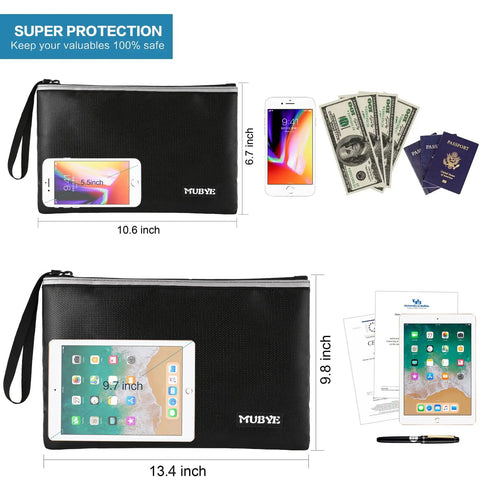 Two Size Fireproof Waterproof Document Bag Set 13.4x9.8 And 10.6x6.7 With Reflective Strip Zippers For Papers