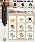 Soenglyun 3 Speed Rechargeable Milk Frother Handheld Press With Travel Cover showing speeds and various drinks for easy use.