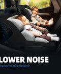 Infant and toddler in rear car seats with focus on safety and comfort, text "Lower Noise, Engineered for Excellence" displayed.