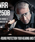 Man wearing Bluetooth Hearing Protection Earmuffs With Rechargeable Battery NRR 25 Decibels Noise Canceling For Snow Blowing Mowing And Construction Comes With Safety Glasses For All Day Comfort And Full Face Protection working on wood