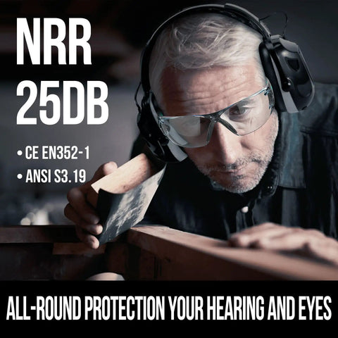 Man wearing Bluetooth Hearing Protection Earmuffs With Rechargeable Battery NRR 25 Decibels Noise Canceling For Snow Blowing Mowing And Construction Comes With Safety Glasses For All Day Comfort And Full Face Protection working on wood